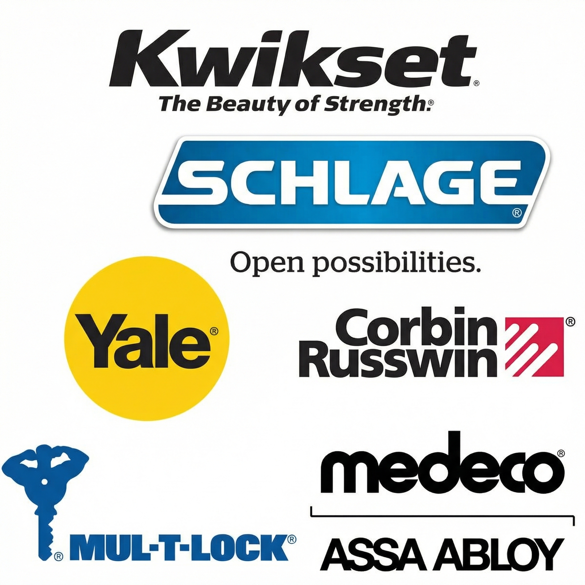 Kwikset, Schlage, Yale, Corbin Russwin, Medeco, Mul-T-Lock and ASSA ABLOY lock brand logos